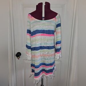 Lilly Pulitzer Blue Pink Linen Striped Fringe 3/4 Sleeve The Getaway Dress